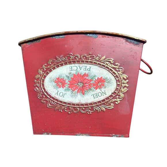 Red Metal Pot Tin Noel Joy Peace Christmas Holiday Flower Plant Planter Vase - Picture 13 of 16